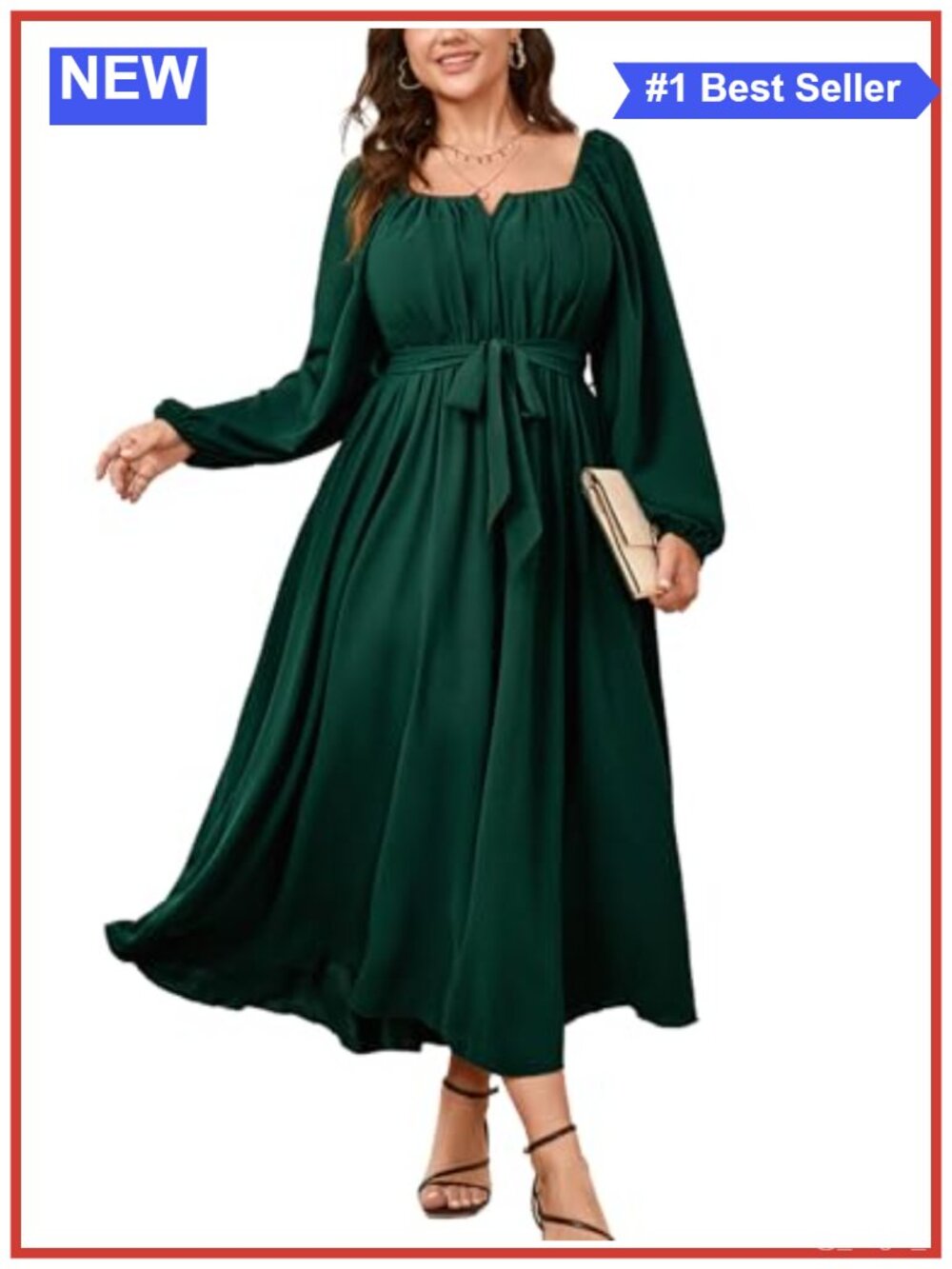 Plus Size Maxi Dress Long Sleeve Square Neck A-Line Flowy Formal Wedding Guest